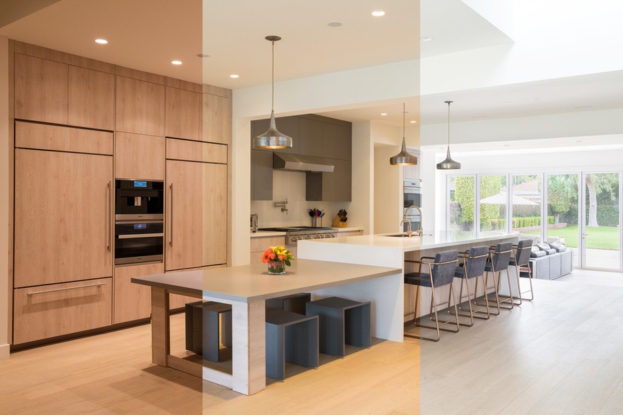 A kitchen with three different LED lighting settings. 