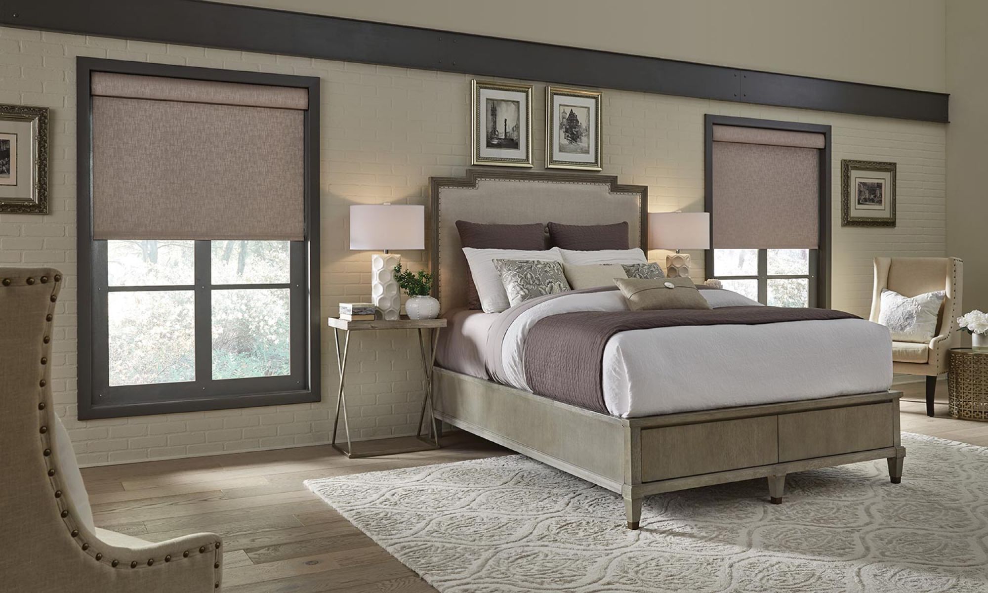 Lutron shades in a neutral colored bedroom